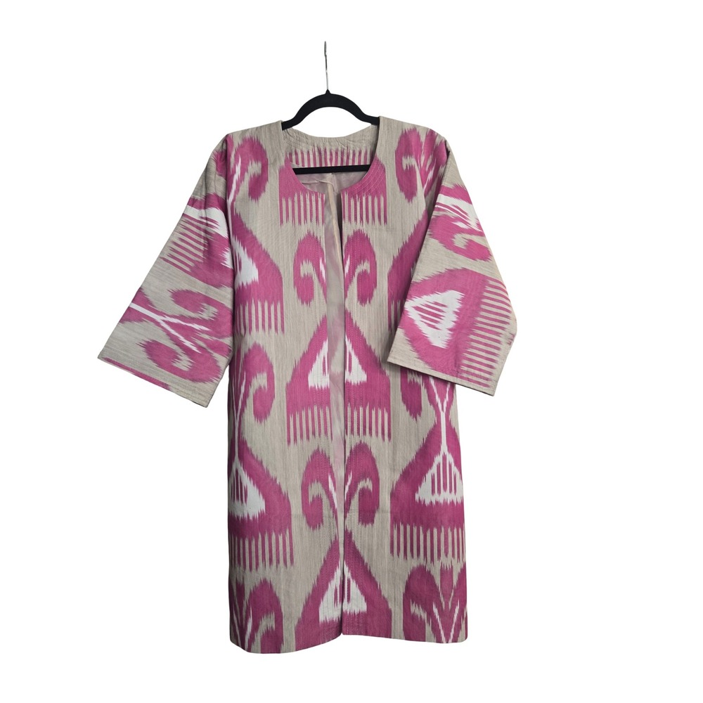 Handmade Pink Ikat Open Front Duster Coat Women Boho Tribal Geometric Jacket XL